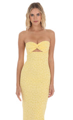 Strapless Textured Floral Twist Maxi Dress in Yellow