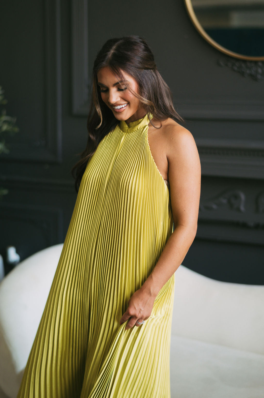 Halter Neck Pleated Midi Dress Chartreuse