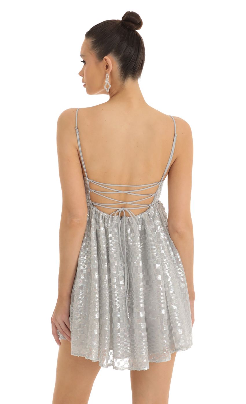 Checkered Sequin Baby Doll Dress in Silver