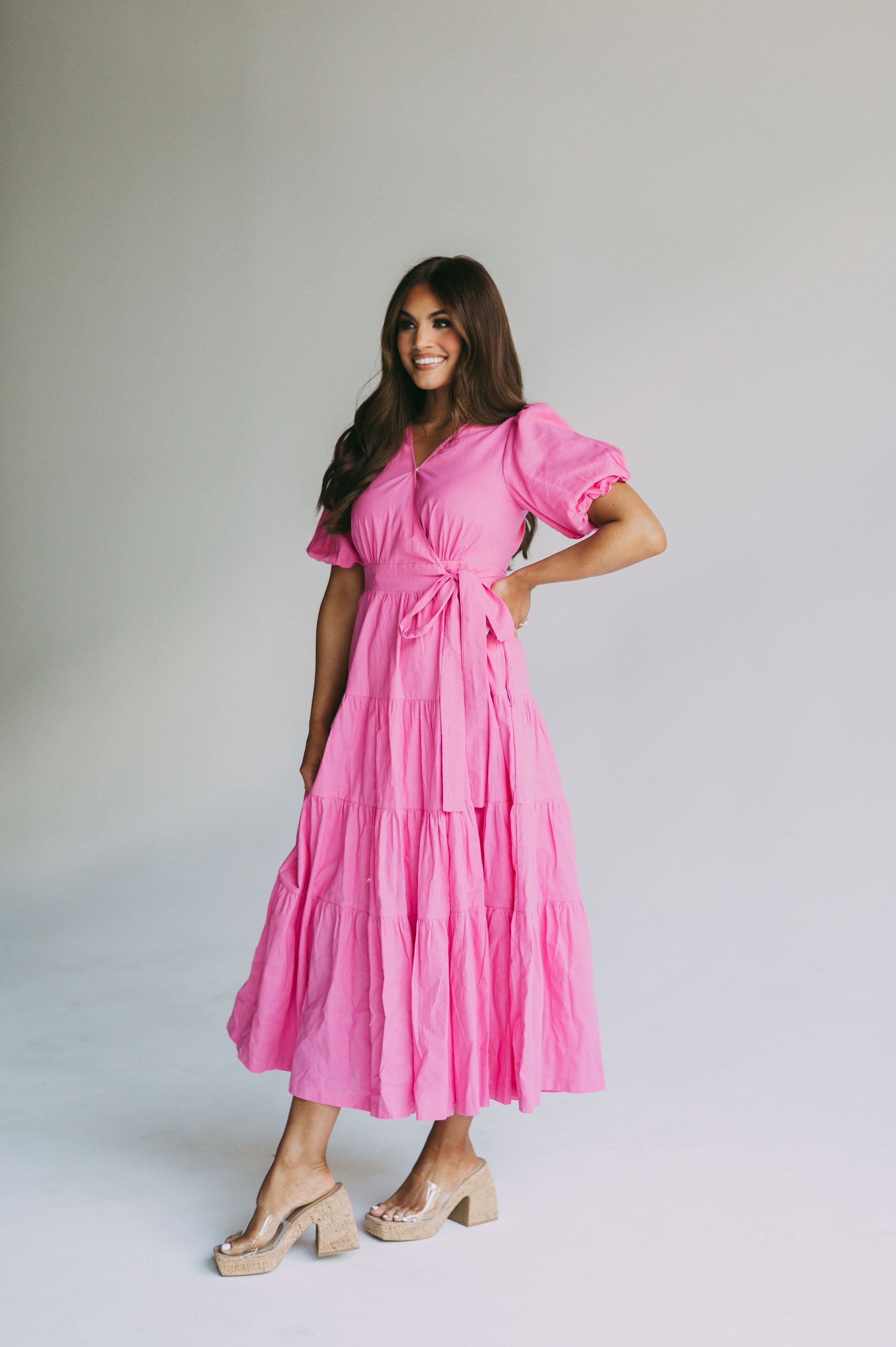 Puff Sleeve Midi Wrap Dress-Pink