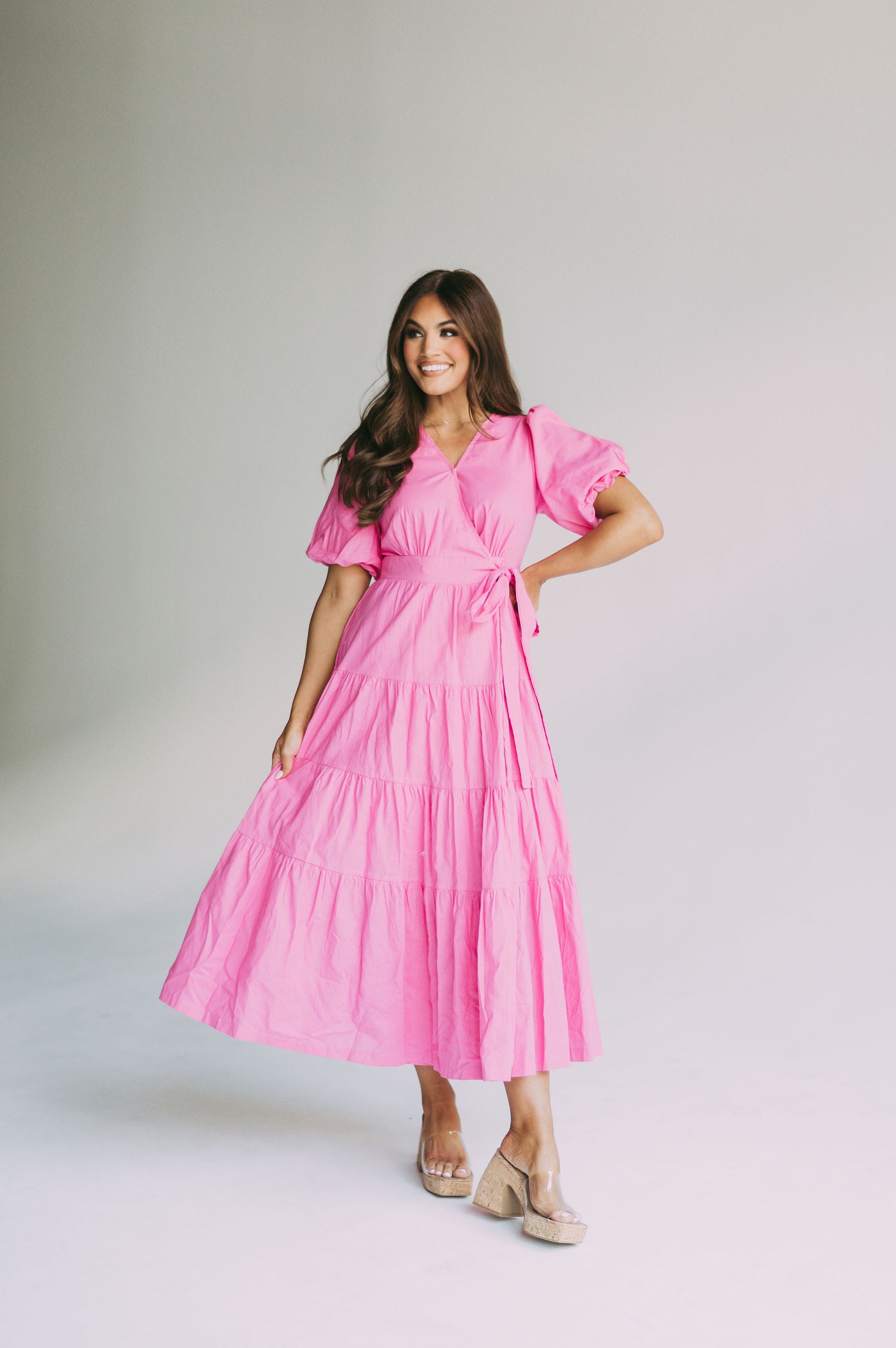 Puff Sleeve Midi Wrap Dress-Pink