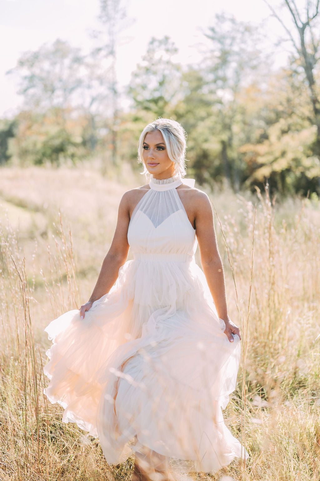 Tiered Tulle Maxi Dress-Cream