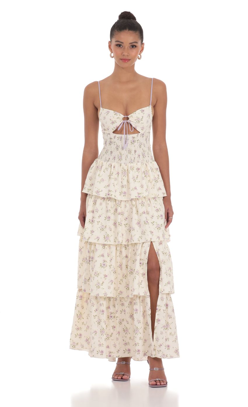 Floral Cutout Ruffle Maxi Dress in Cream