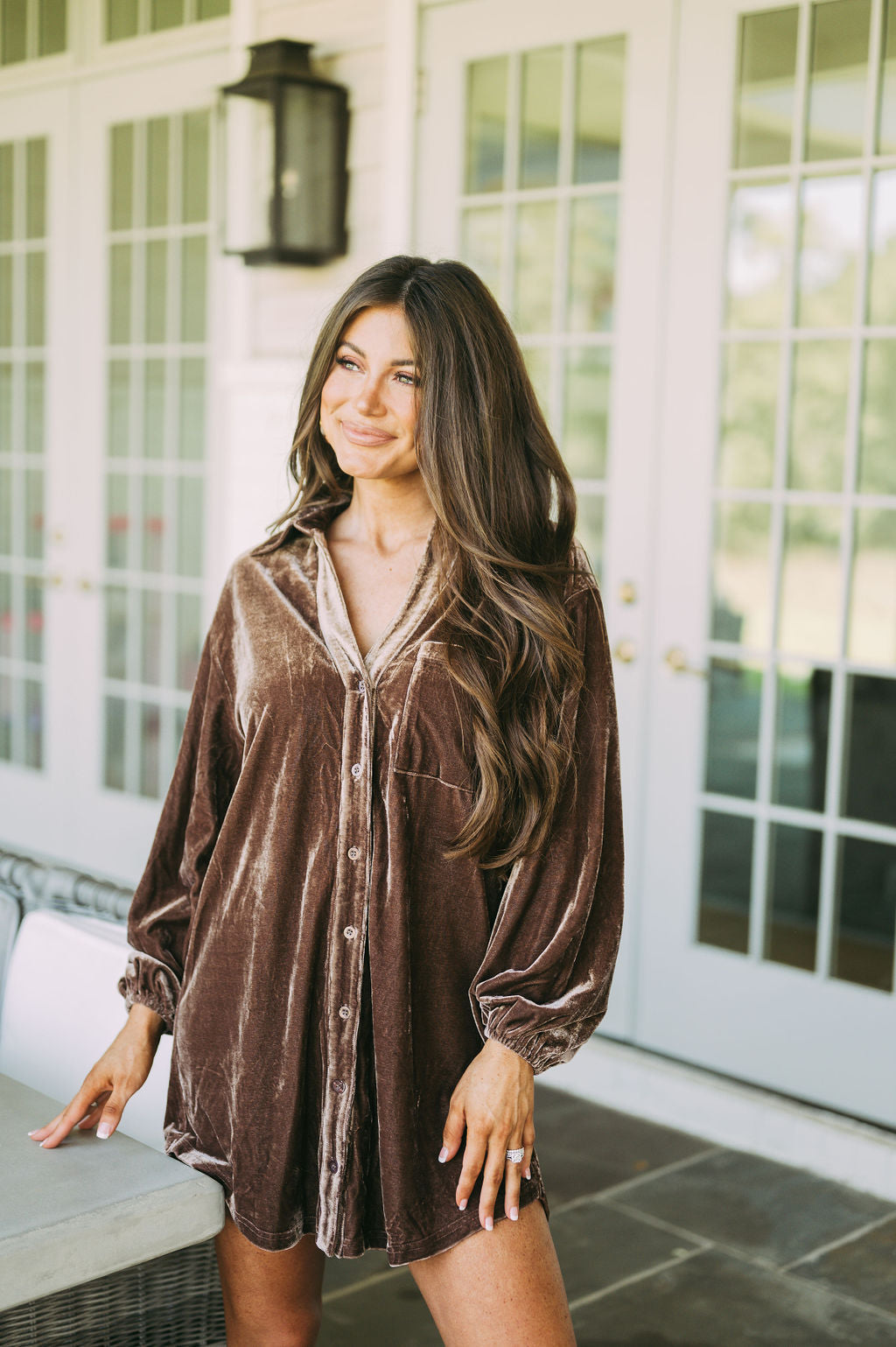 Velvet Button Down Dress-Brown