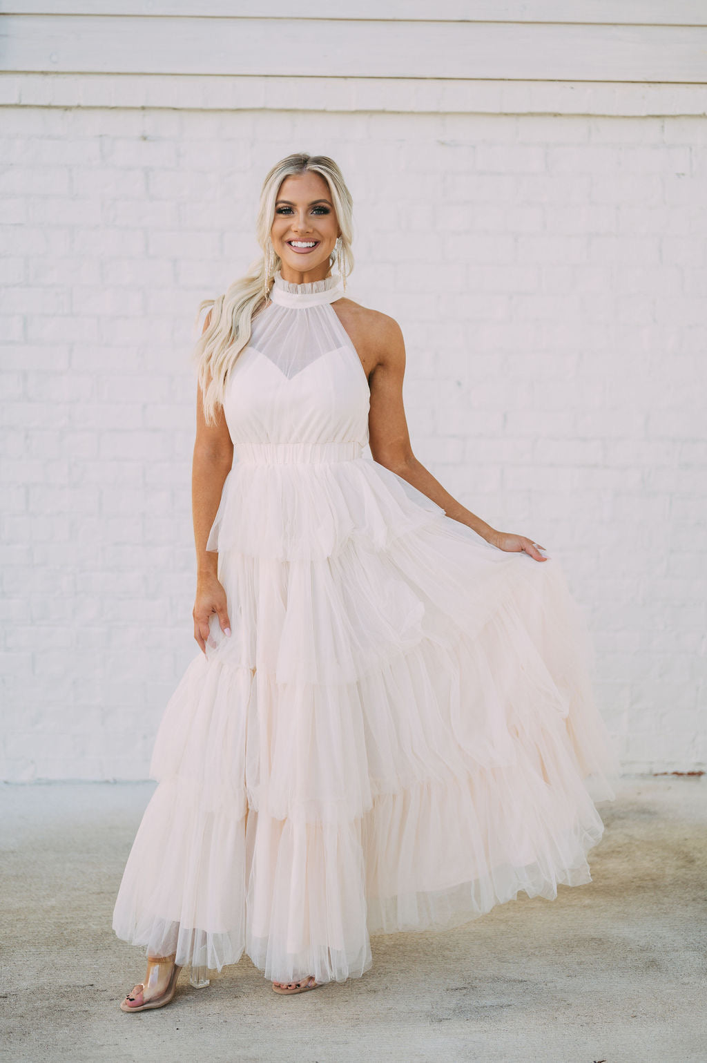 Tiered Tulle Maxi Dress-Cream