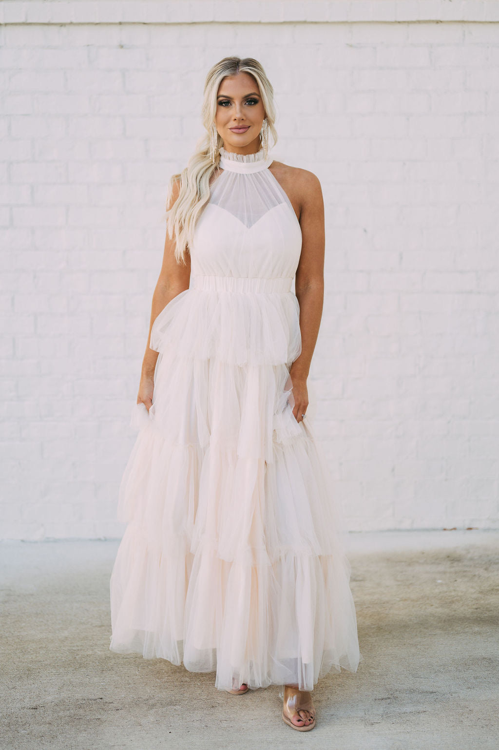 Tiered Tulle Maxi Dress-Cream