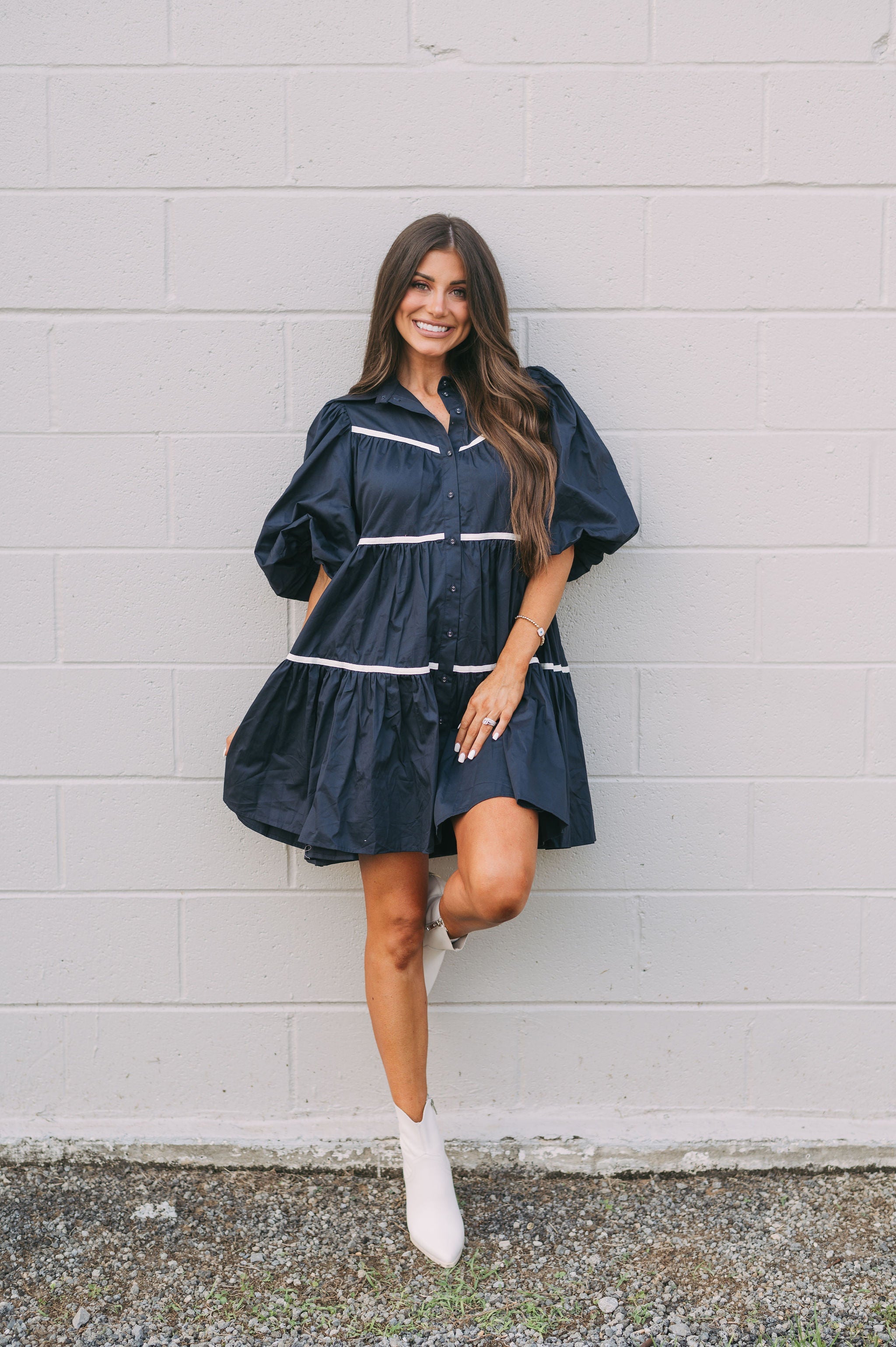 Poplin Tiered Dress Navy