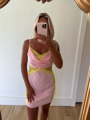 Satin/Lace Drape Dress-Pink/Yellow