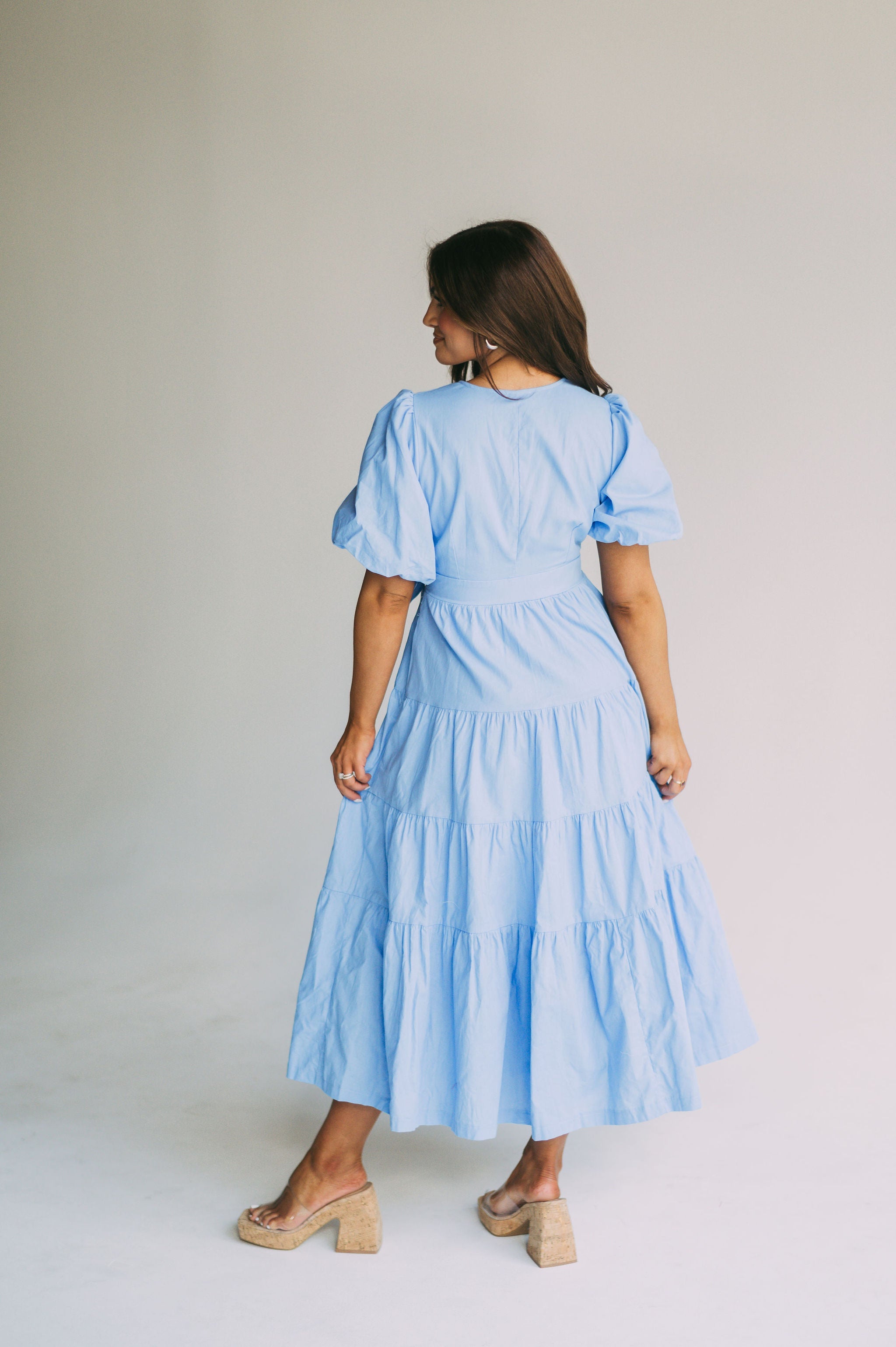 Puff Sleeve Midi Wrap Dress-Blue