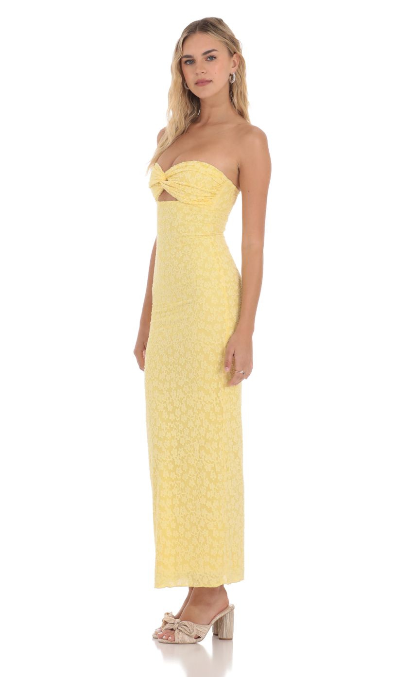 Strapless Textured Floral Twist Maxi Dress in Yellow