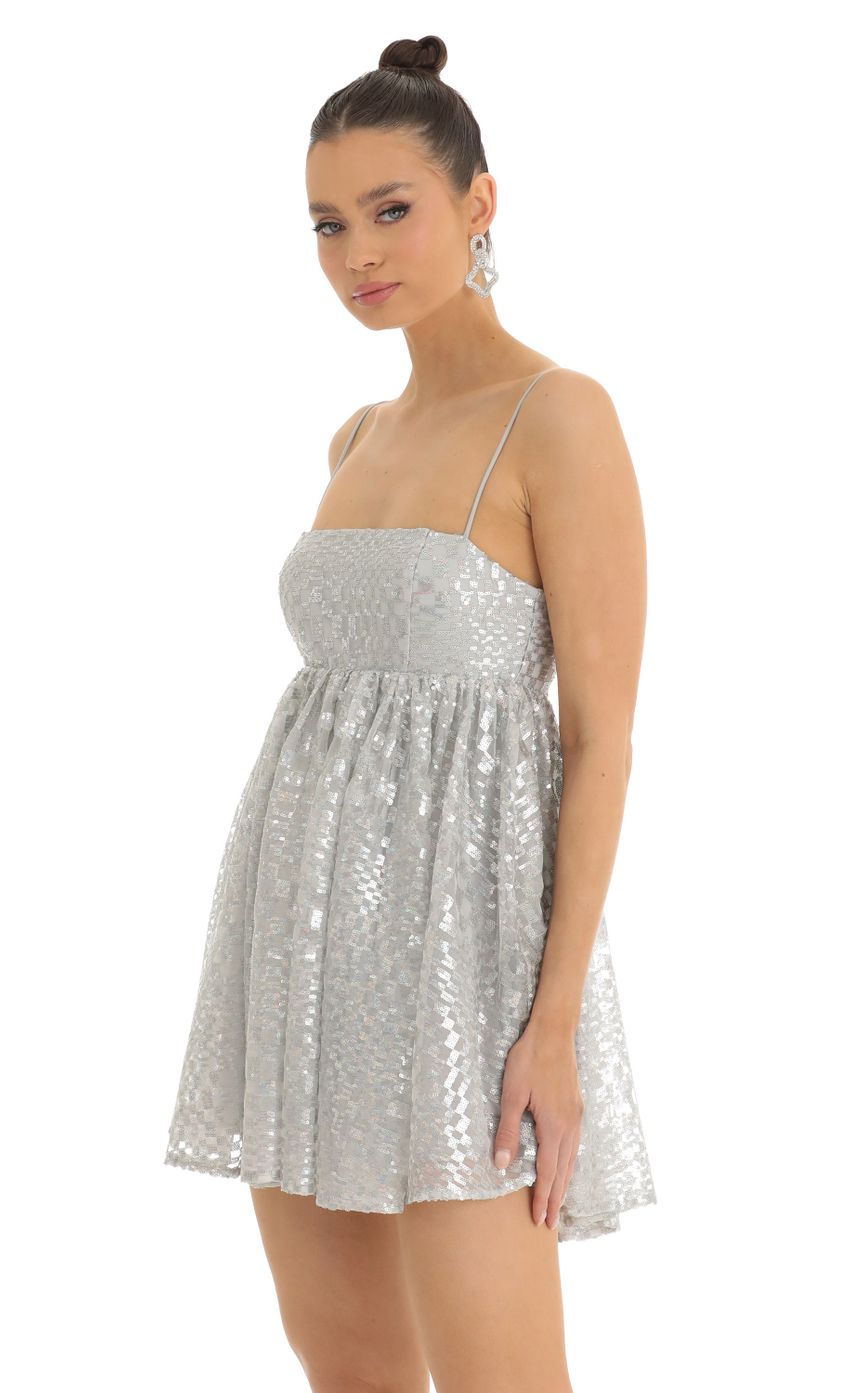 Checkered Sequin Baby Doll Dress in Silver