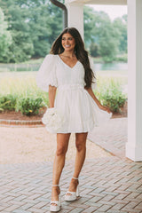 Belted Puff Sleeve Dress-Cream