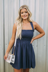 Criss Cross Back Linen Dress-Navy