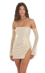 Iridescent Sequin Bell Sleeve Dress in Champagne