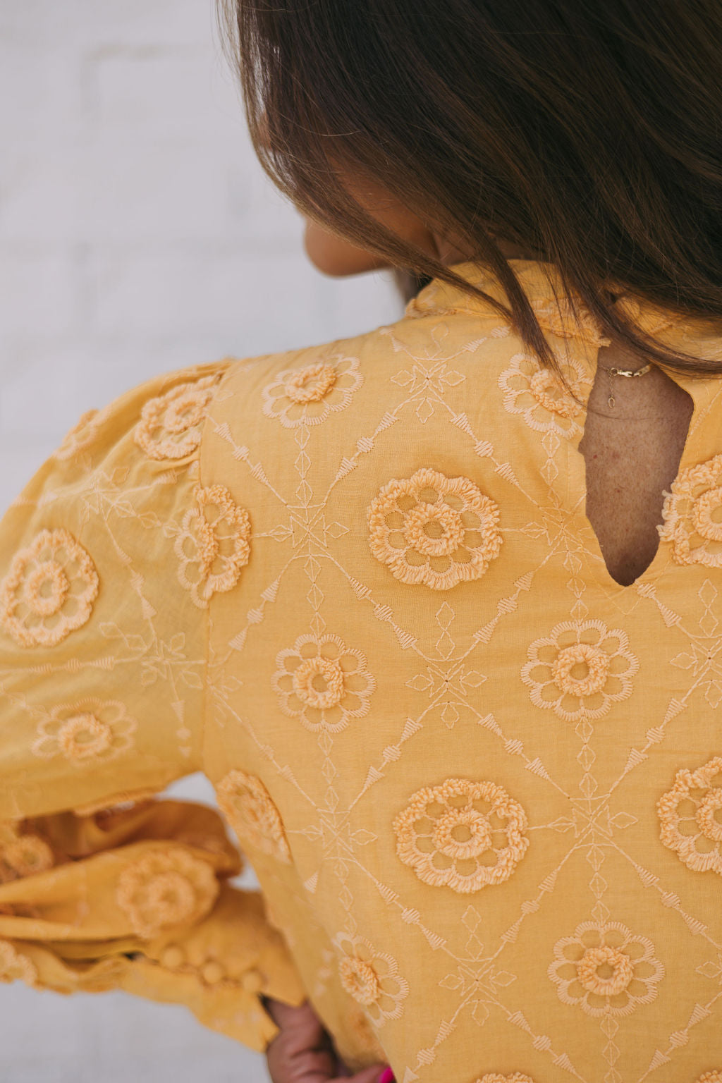 Mock Neck Floral Embroidered Dress-Mustard