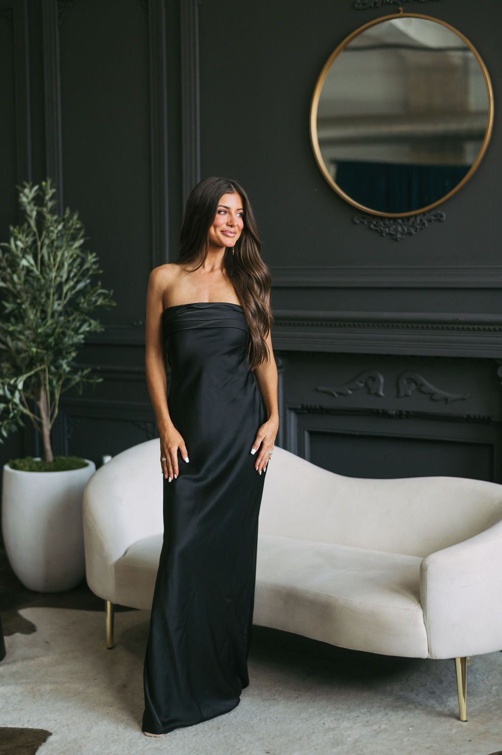 Strapless Satin Gown-Black