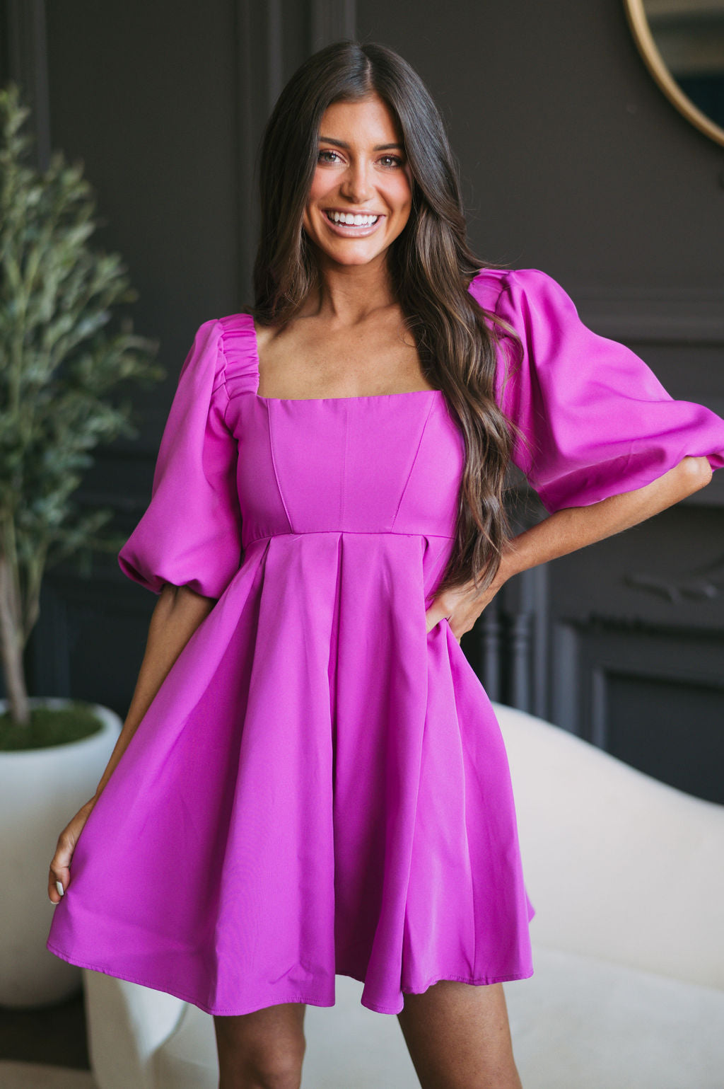 Puff Sleeve Square Neck Dress-Magenta