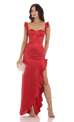 Satin Ruffle Maxi Dress in Red