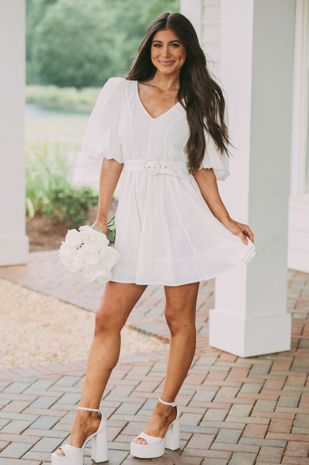 Belted Puff Sleeve Dress-Cream