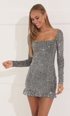 Celia Sequin Square Neck Ruffle Dress in Silver