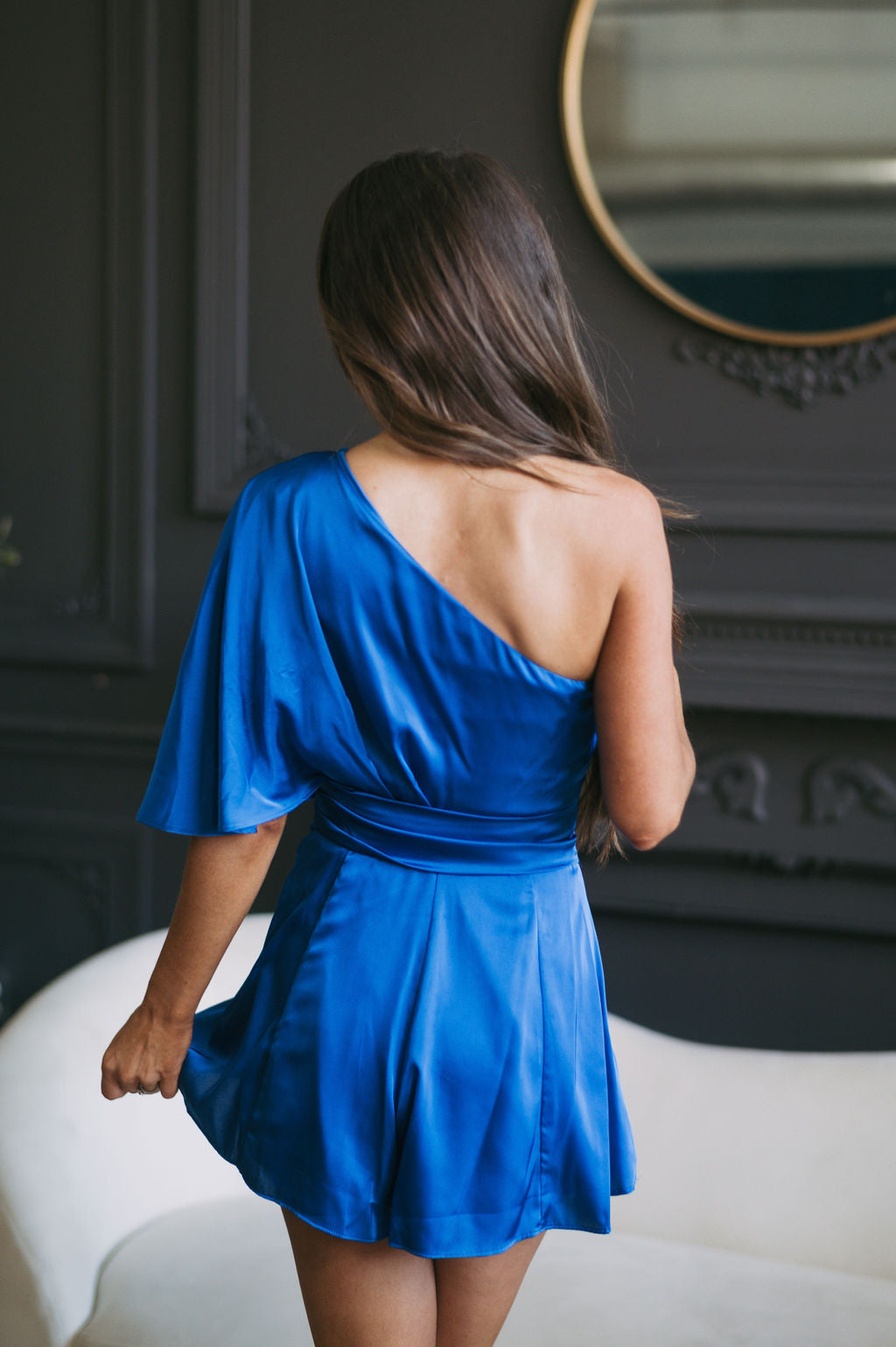 One Shoulder Satin Romper-Royal Blue