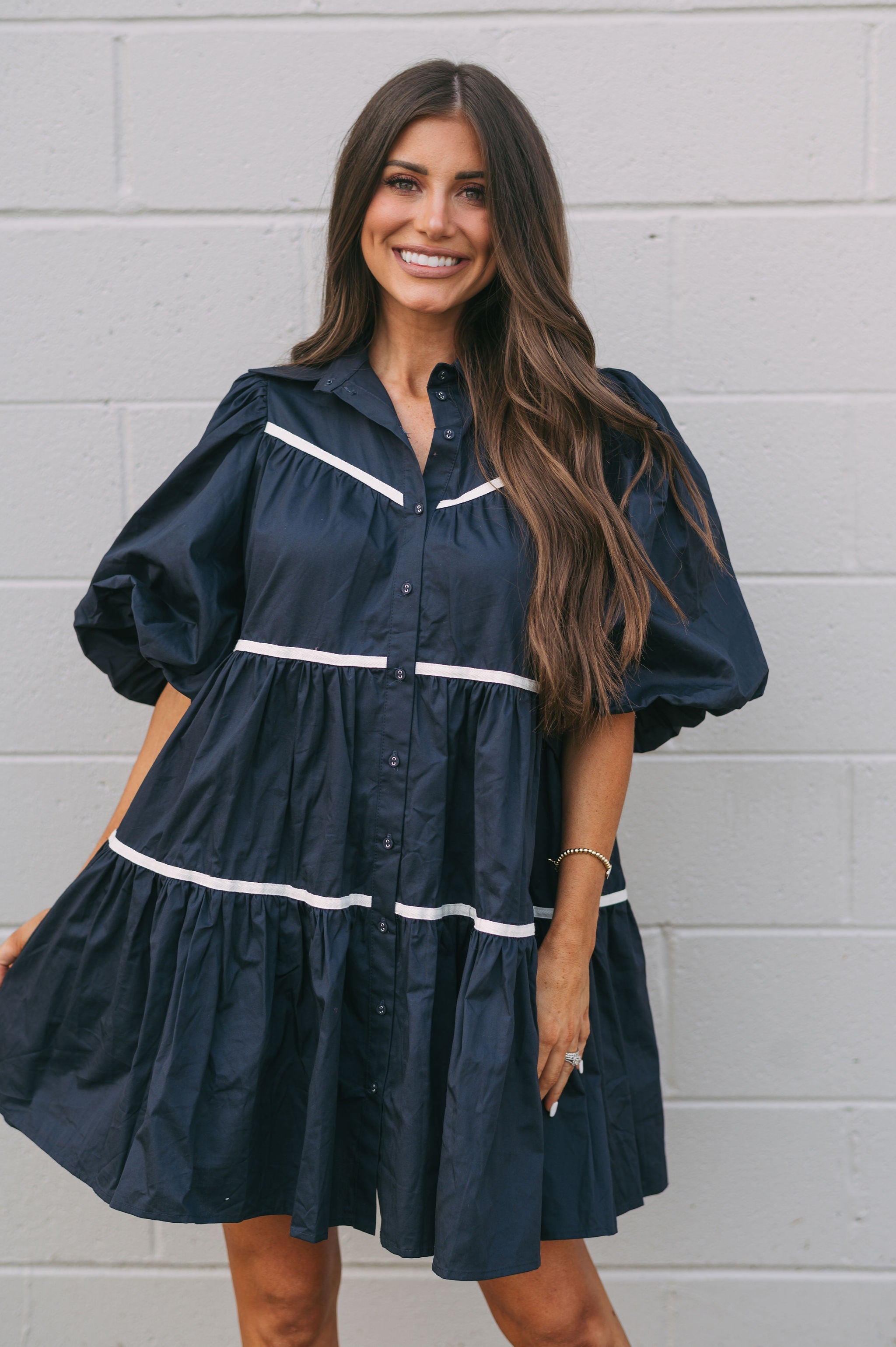 Poplin Tiered Dress Navy