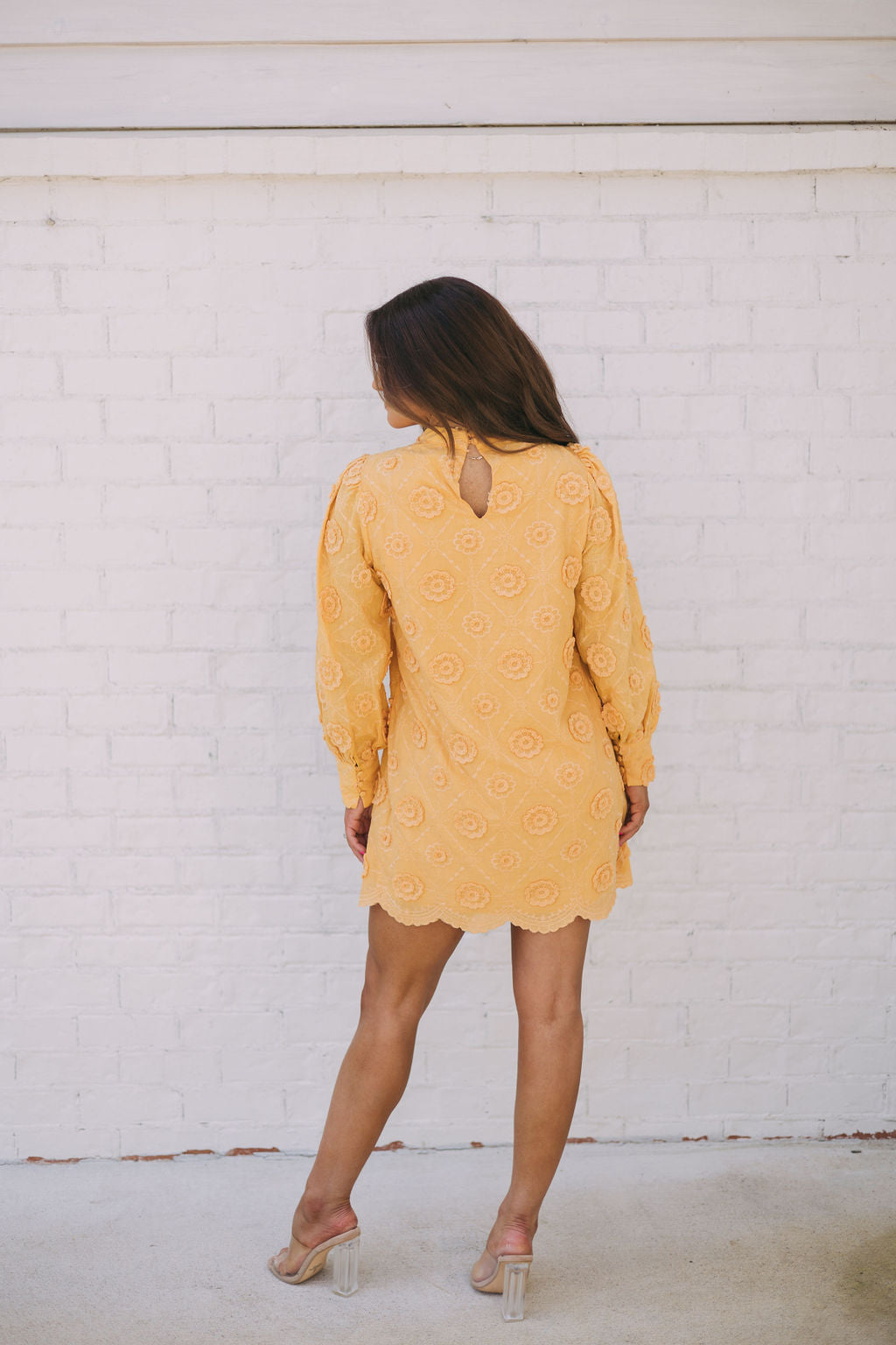 Mock Neck Floral Embroidered Dress-Mustard