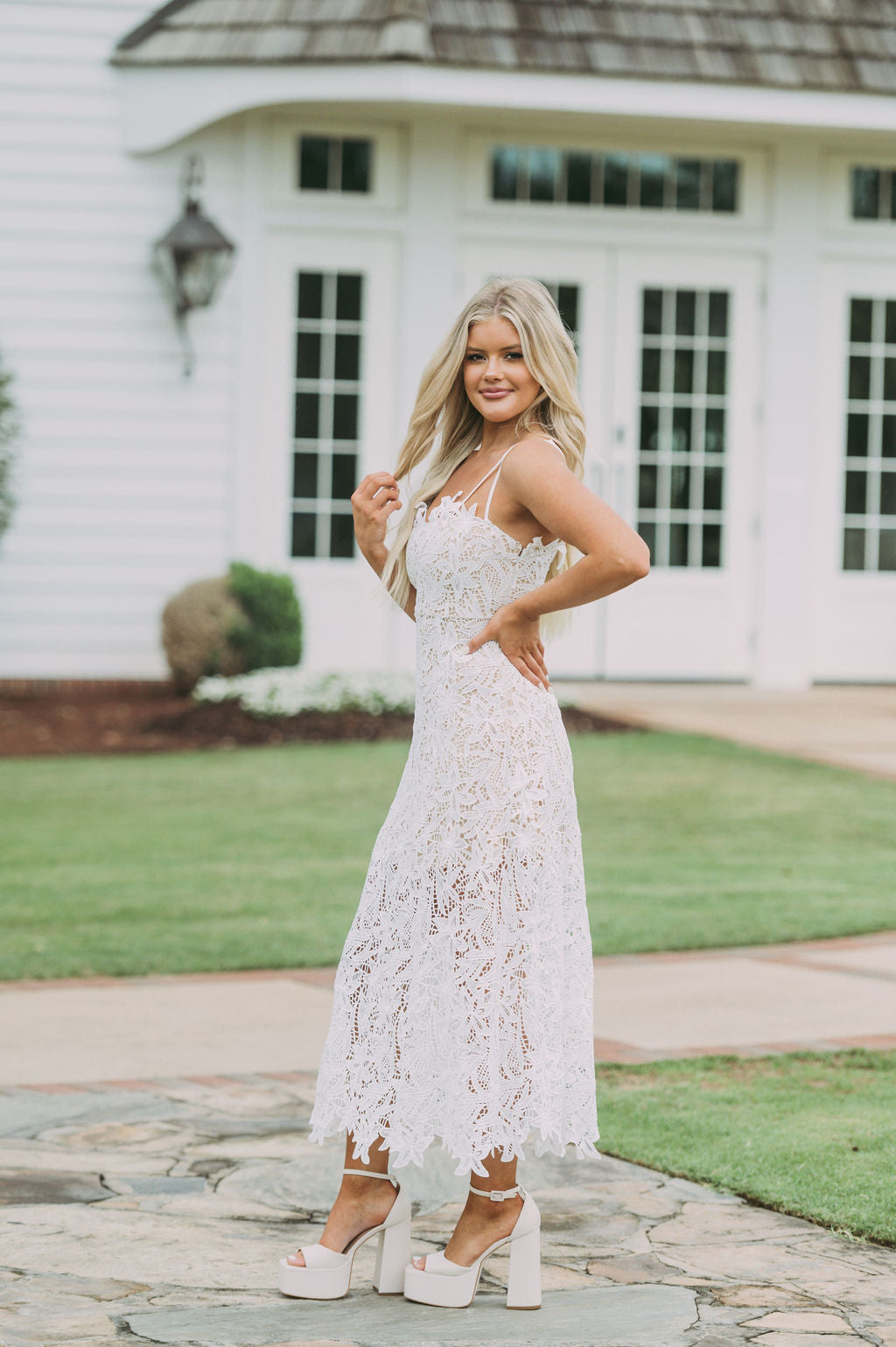 Crochet Strappy Midi Dress-White