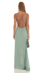 Satin Ruffle Maxi Dress in Sage