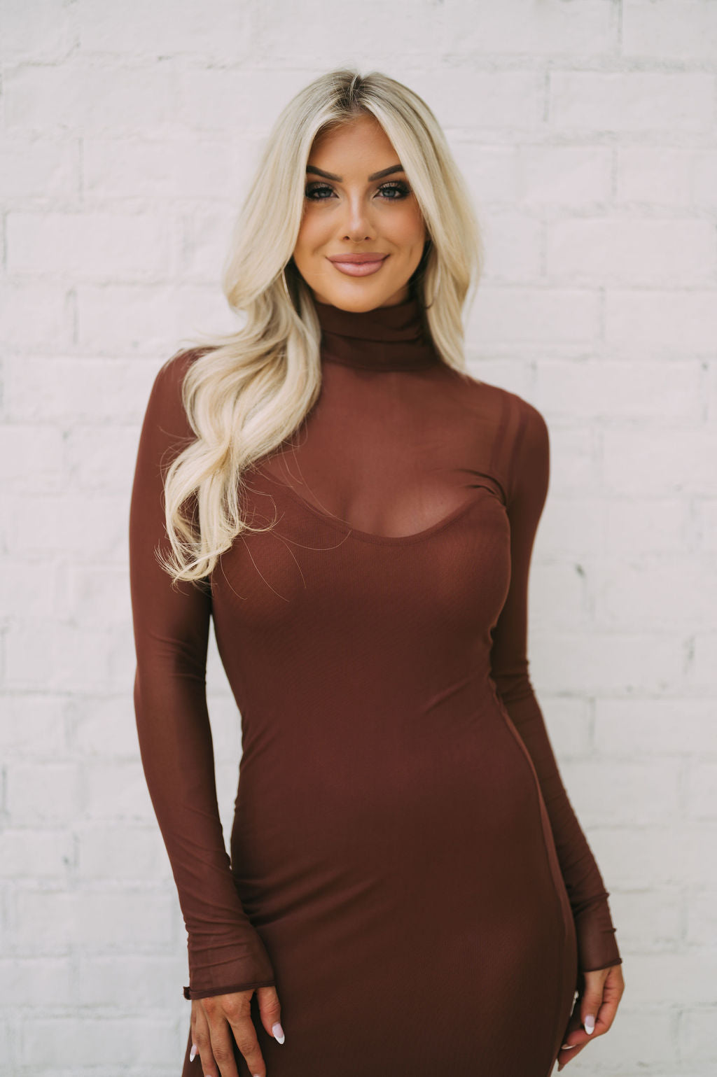 Mock Neck Mesh Midi Dress Brown