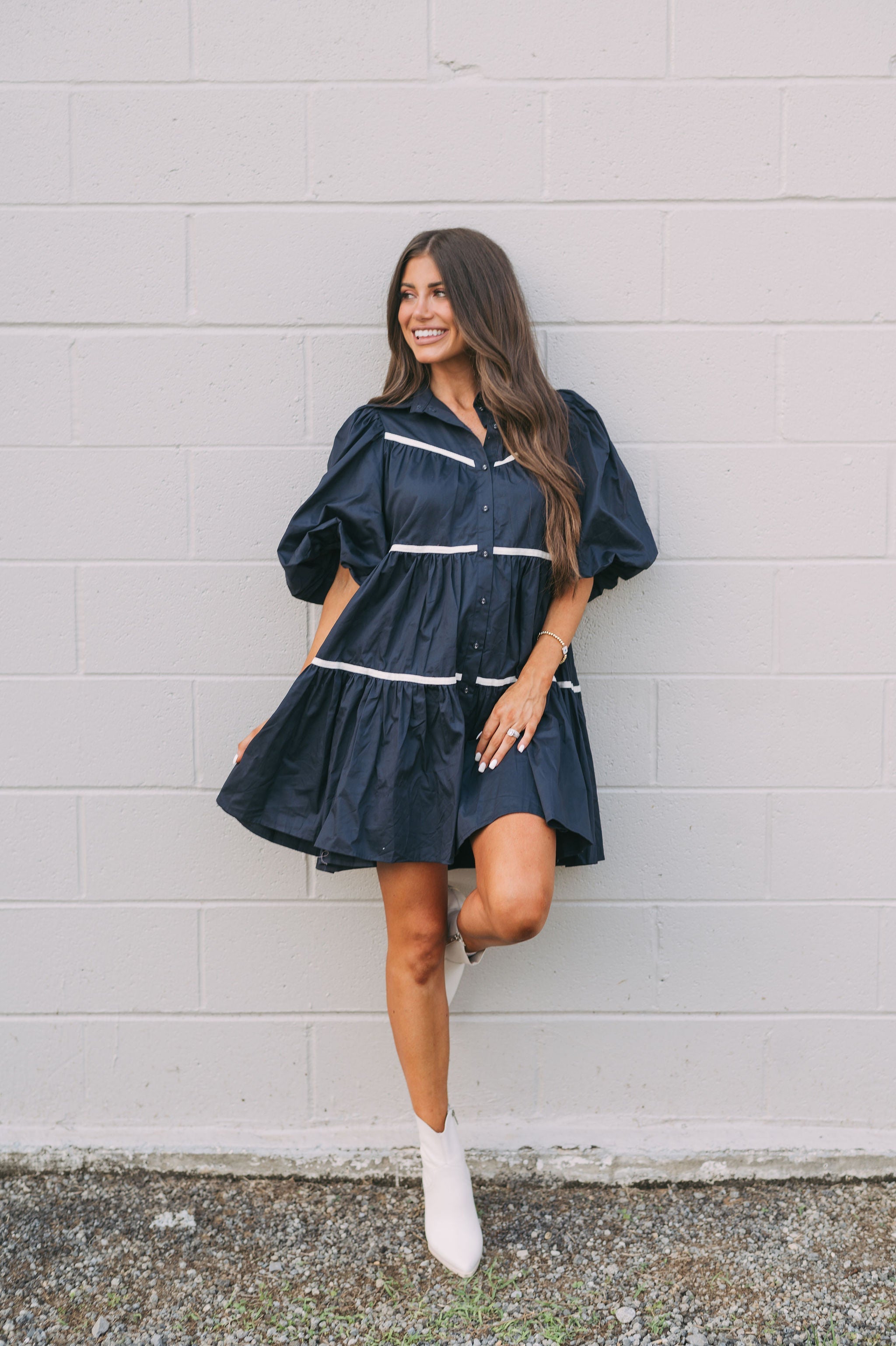 Poplin Tiered Dress Navy