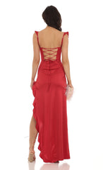 Satin Ruffle Maxi Dress in Red