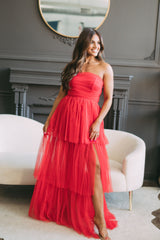 Tiered Mesh Maxi Dress-Red