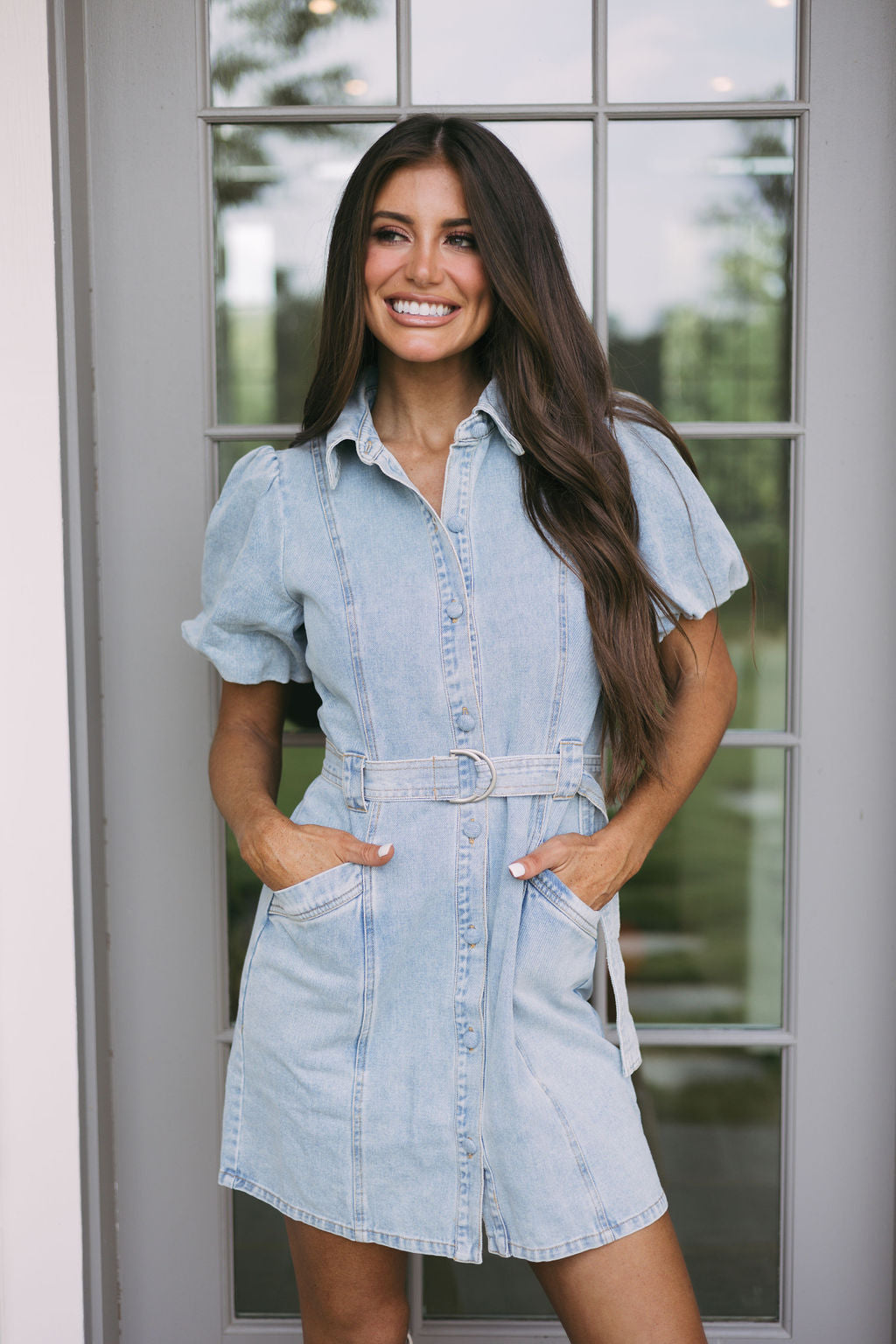 Belted Puff Sleeve Denim Dress