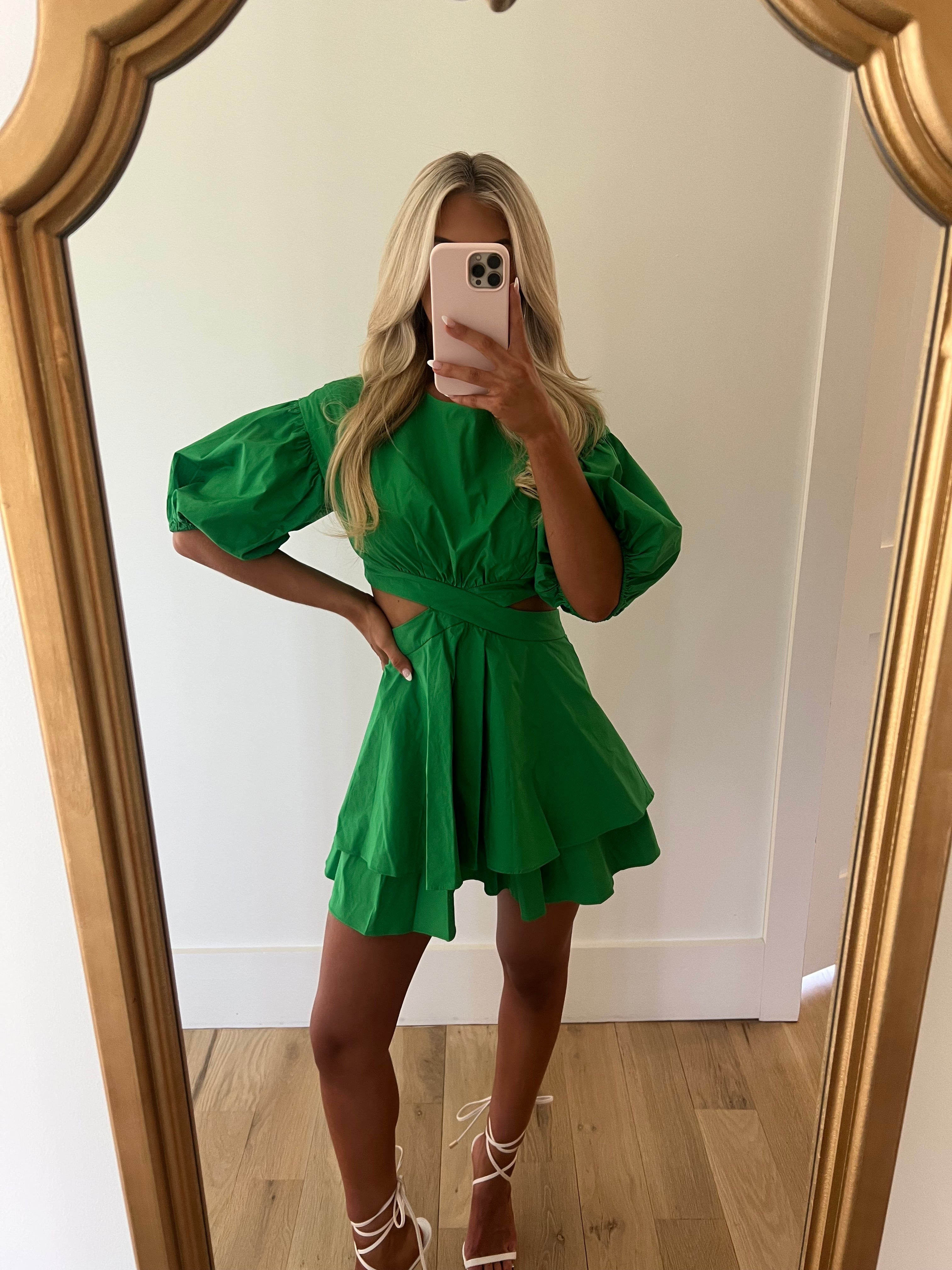 Puff Sleeve Cut Out Dress Green