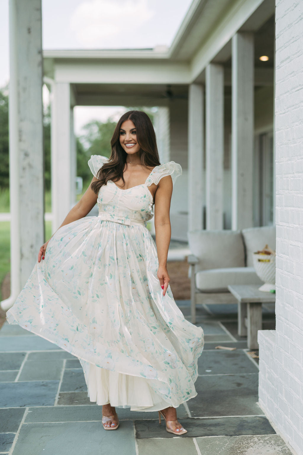 Organza Floral Maxi Dress-Cream/Green