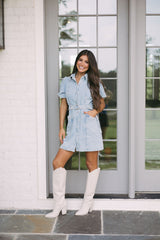 Belted Puff Sleeve Denim Dress