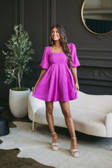 Puff Sleeve Square Neck Dress-Magenta