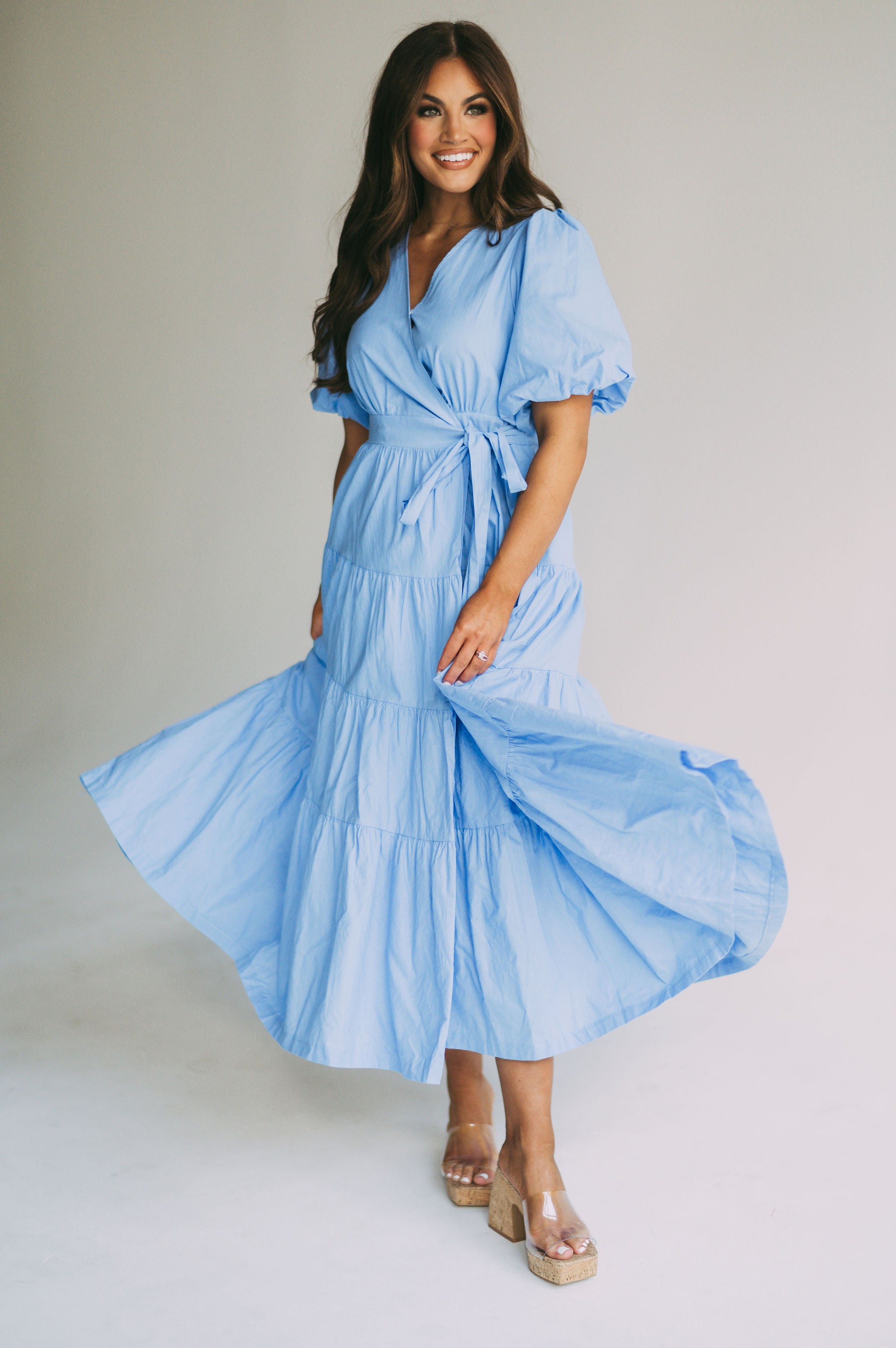 Puff Sleeve Midi Wrap Dress-Blue