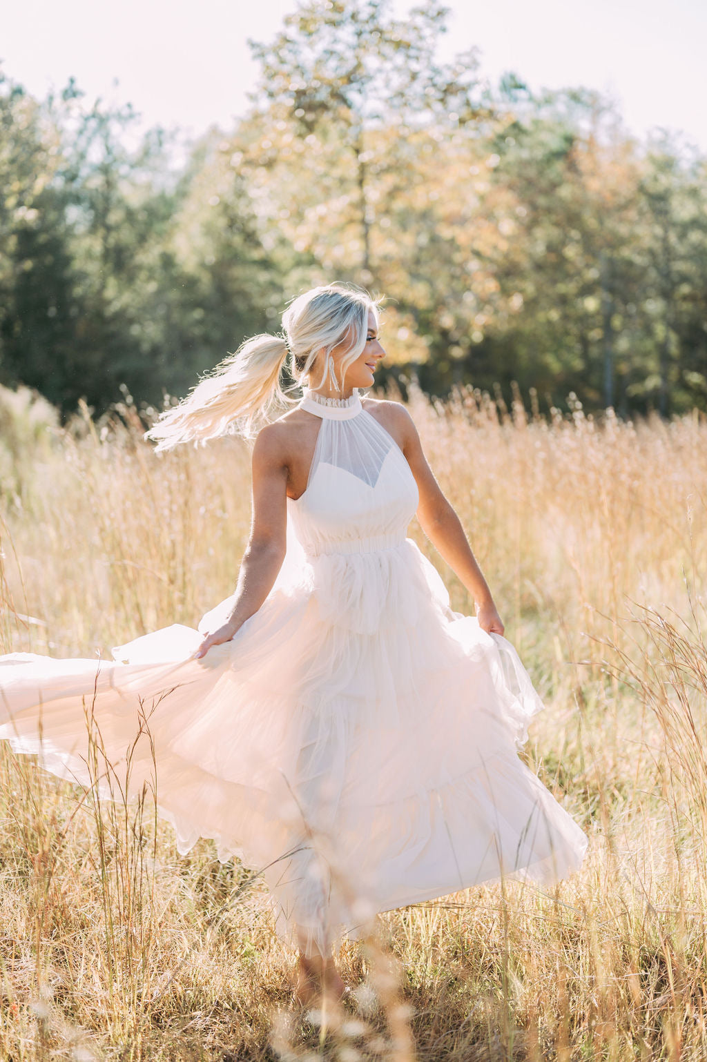 Tiered Tulle Maxi Dress-Cream