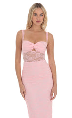 Lace Twist Ruched Maxi Dress in Pink