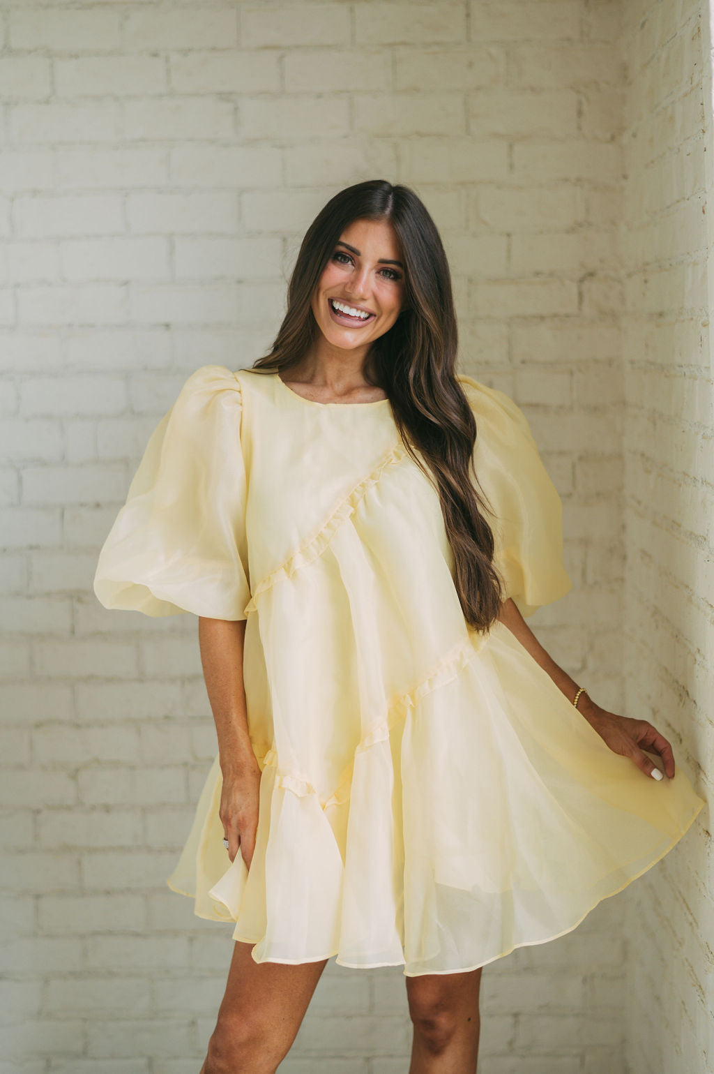 Organza Puff Sleeve Dress-Yellow