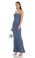 Satin Open Back Maxi Dress in Blue