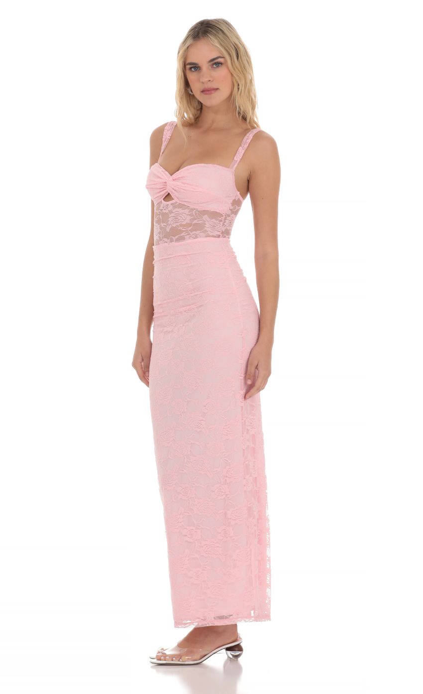 Lace Twist Ruched Maxi Dress in Pink