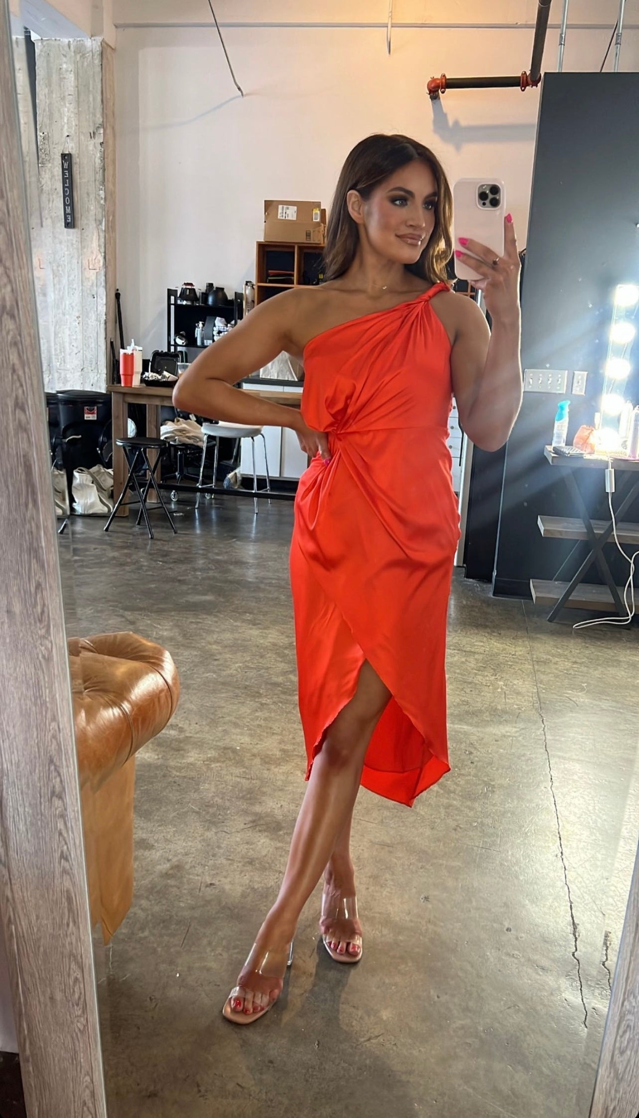 Twisted One Shoulder Tulip Dress-Orange