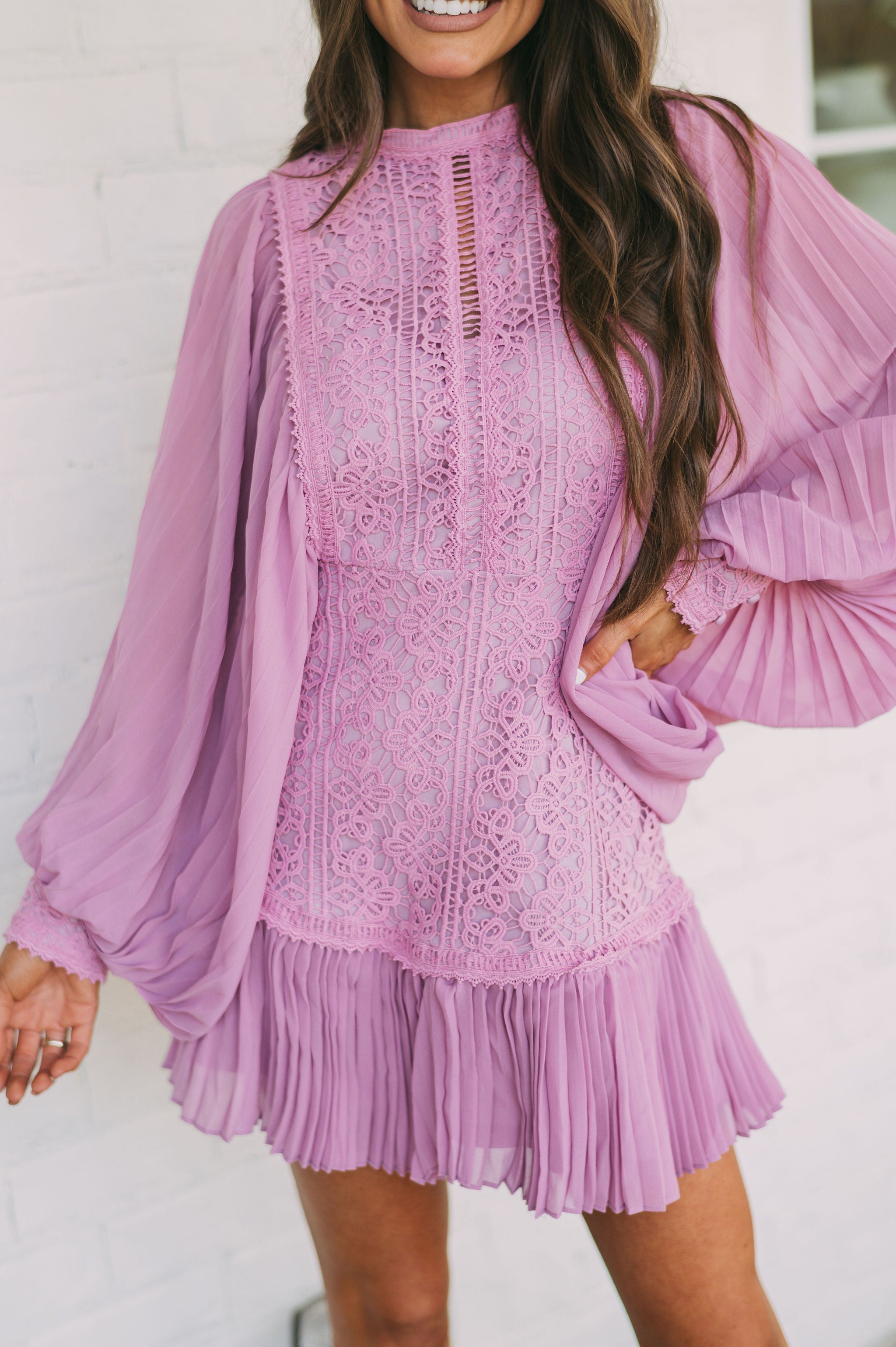 Eleanor Pleated Lace DressDusty Lavender