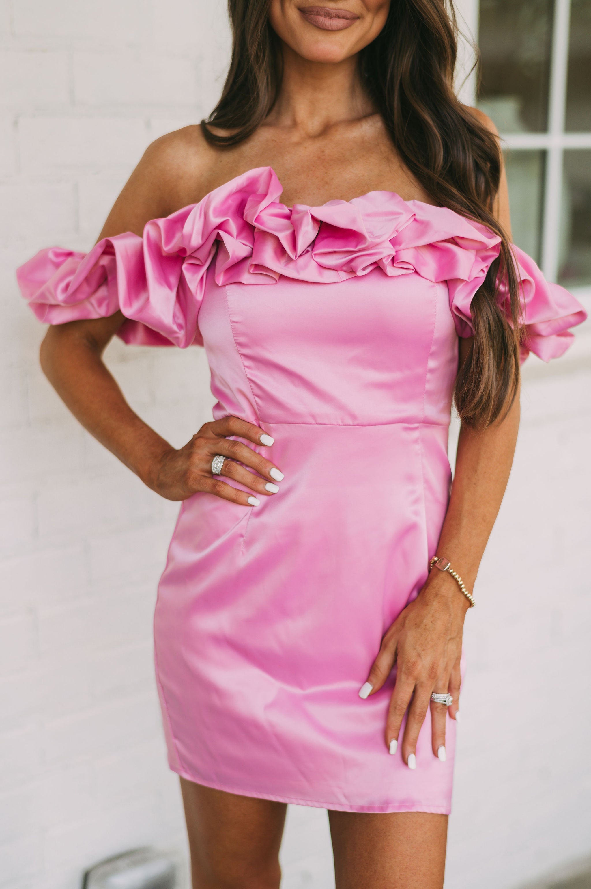 Cassandra OTS Satin Dress Pink