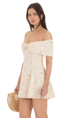 Front Bow Floral Off Shoulder Dress in Cream