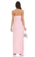 Strapless Ruched Ruffle Maxi Dress in Pink