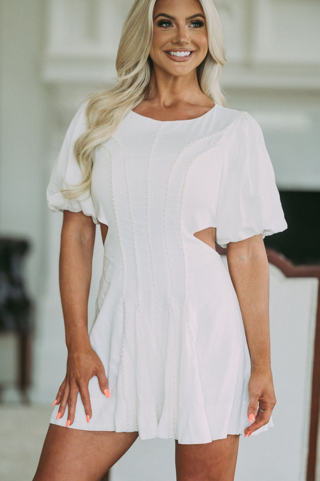 Pearl Trim Linen DressOff White